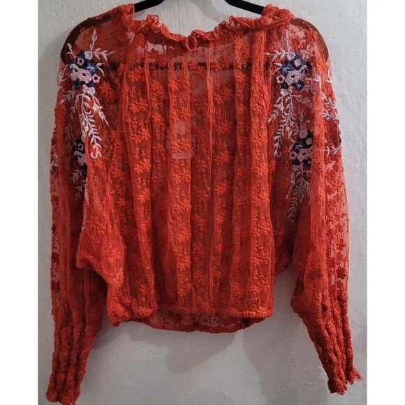 Free People Jubilee Embroidered Lace Boho Sheer Blouse Top Red Sz Small OB754354 - Picture 14 of 15